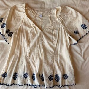 Old Navy Cream Peasant Top with Blue Embroidery